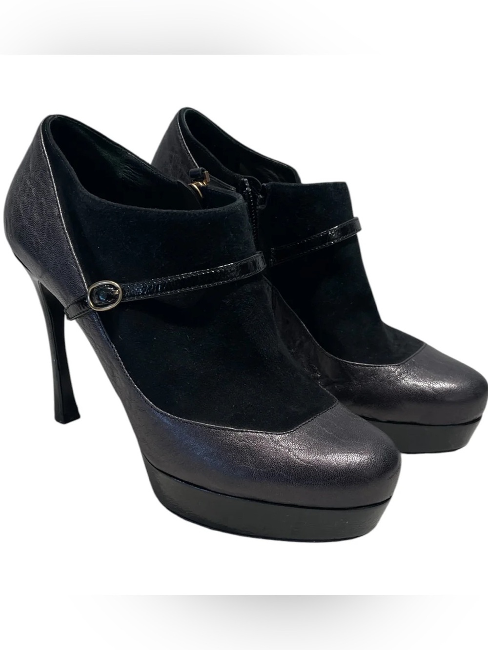 Yves Saint Laurent Black Suede & Leather Platform Mary Jane Heels